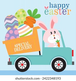 Happy easter card design with cute bunny, eggs and carrot on the truck