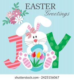 Happy easter card design with cute bunny, egg, flowers and joy