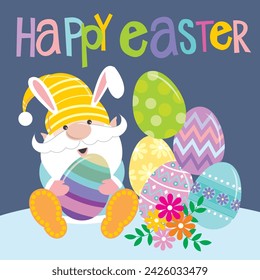 Happy easter card design with cute gnome and colorful eggs