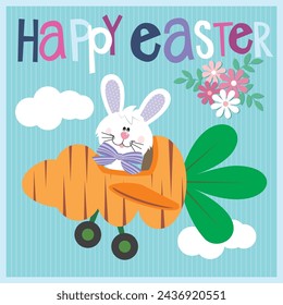 Happy easter card design with cute bunny and carrot plane