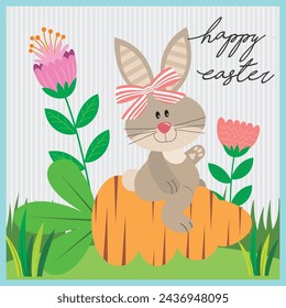Diseño de tarjeta de Pascua feliz con conejito lindo en la zanahoria