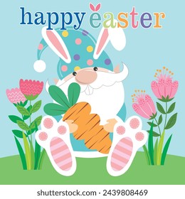 `Happy easter card design with cute gnome and carrot