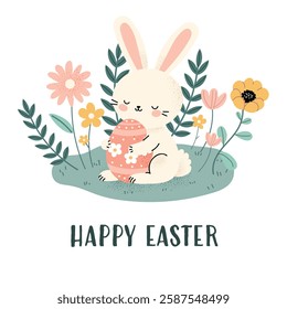 Happy Easter card design with cute bunny holding decorated egg. Spring flowers, festive Easter postcard. Flat vector illustration isolated on white background.