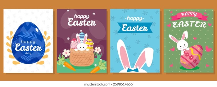 Happy easter card design with cute bunny and eggs in the basket, carrot and flowers on the grass