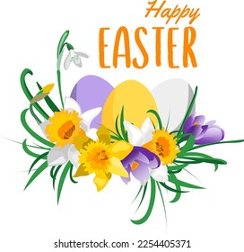 Happy Easter card design with eggs daffodils crocus snowdrop flowers on white background