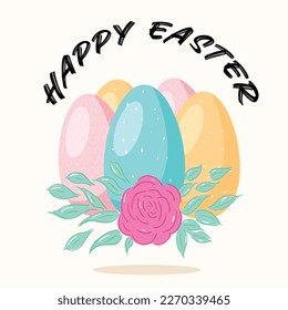 happy Easter card design with eggs and flower.