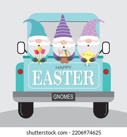 Happy Easter Card Design With Gnomes On The Car