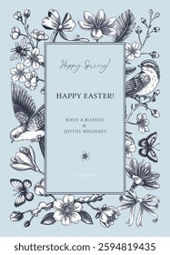 Happy Easter card design. Hand drawn spring illustration in sketch style. NOT AI generated