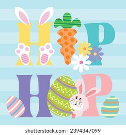 Happy easter card design with hip hop text, bunny, eggs and carrot