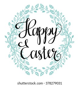 Happy Easter card design isolated, calligraphic text. Background with floral frame, flowers, leaves