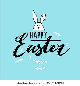 Happy Easter card design - modern calligraphy, hand drawn lettering wirh rabbit. Mint blue background