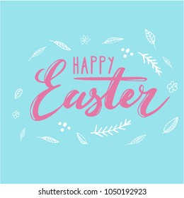 Happy Easter card design - modern calligraphy, hand drawn lettering. Mint blue background