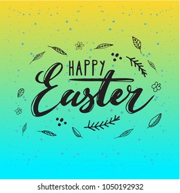 Happy Easter card design - modern calligraphy, hand drawn lettering. Mint blue background