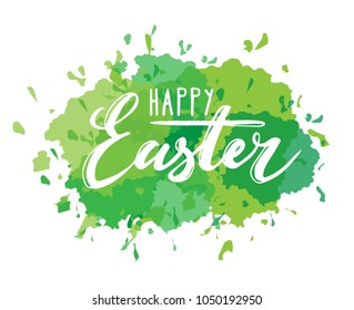 Happy Easter card design with modern calligraphy, hand drawn lettering - green color