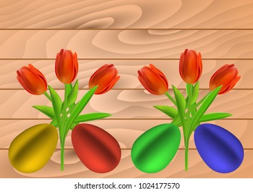 Happy Easter card design with painted eggs and tulip flowers on wooden background. Colorful vector illustration.