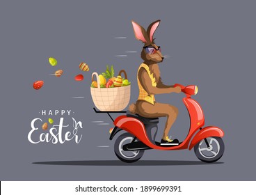 Happy Easter card design. Rabbit riding a scooter with easter basket. Vector illustration for poster, banner, card, postcard.