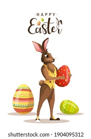 Happy Easter card design. Rabbit with decorated easter eggs. A4 vector illustration for poster, banner, card, postcard.