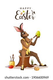 Diseño de tarjetas Happy Easter con conejo decorando huevos de Pascua. Ilustración vectorial para afiches, banner, tarjeta, postal.