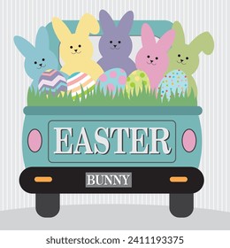 Happy easter card design with rabbits, eggs and grass on the car