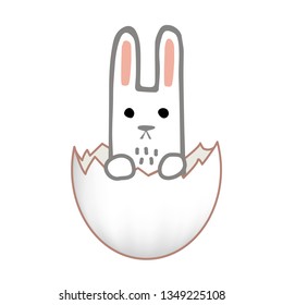 Happy Easter card design. Sweet bunny inside a cracked easter egg. Doodle hand drawn vector illustration.