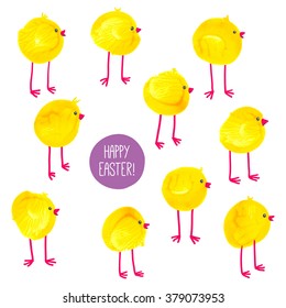 Happy Easter card design. Watercolor / acrylic yellow kids craft. Cute hand drawn chicks pattern. Watercolor funny baby chickens. Cartoon vector eps 10 illustration on white background. 