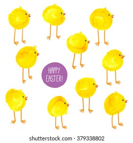 Happy Easter card design. Watercolor / acrylic yellow kids craft. Cute hand drawn chicks pattern. Watercolor funny baby chickens. Cartoon vector eps 10 illustration on white background. 