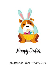 Happy Easter card, dog wearing bunny costume