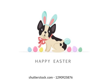 Happy Easter card, dog wearing bunny costume