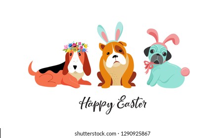 Happy Easter card, with dogs wearing bunny costumes