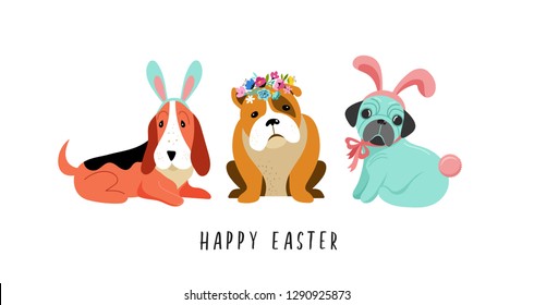 Happy Easter card, with dogs wearing bunny costumes