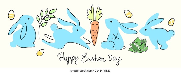 Happy Easter card with doodle bunnies minimalistic background. Trendy Easter design with typography Happy Easter banner