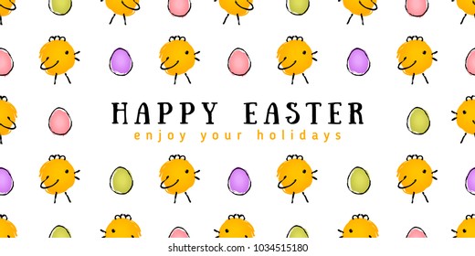 Happy Easter card with doodle chicken and color eggs pattern. Child drawing imitation. Ink strokes. Vector illustration.