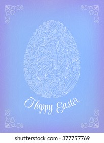 Happy Easter Card. Doodle ornate white floral egg and lettering on blue background.