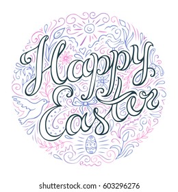 Happy Easter card. Doodle style handwritten greeting with many spring attributes. Freehand lettering and decorative flourish elements in pink and blue. Vector illustration.