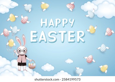 Happy Easter card, dressed Bunny boy in glasses holds a basket of Easter eggs on blue background with winged easter eggs and clouds