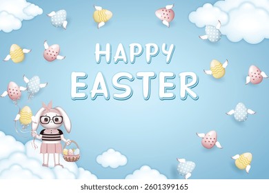Happy Easter card, dressed Bunny girl in glasses holds a basket of Easter eggs on blue background with winged easter eggs and clouds