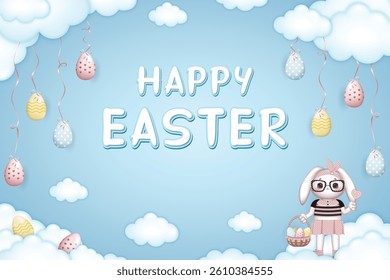 Happy Easter card, dressed Bunny girl in glasses holds a basket of Easter eggs on blue background with clouds and easter eggs tied with a ribbon to the clouds