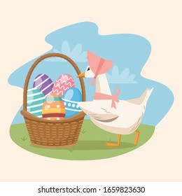 happy easter card with duck and eggs painted in basket vector illustration design