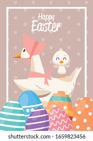 Happy easter card with ducks family and eggs painted vector illustration design