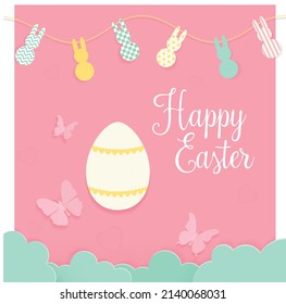happy Easter card with an Easter egg, butterflies, a garland of paper bunnies