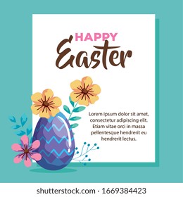 happy easter card with egg decorated and flowers vector illustration design