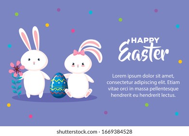 happy easter card with egg decorated and rabbit vector illustration design