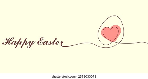 Happy Easter card. Egg doodle with bow. Cute hand drawn invitation, greeting card. Continuous one line drawing. Holiday linear vector illustration for print, web