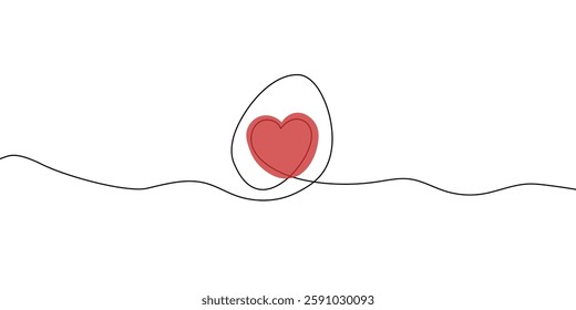 Happy Easter card. Egg doodle with bow. Cute hand drawn invitation, greeting card. Continuous one line drawing. Holiday linear vector illustration for print, web