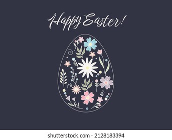 Happy easter card with easter egg and flowers. Vector background.