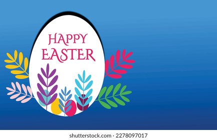 Happy Easter card with egg and flowers on blue background. Vector illustration.