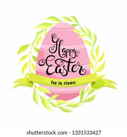 Happy Easter card with egg, foliage and ribbon. Vector illustration.