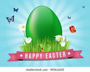 Happy easter card with egg, grass, flowers and butterflies - vector illustration