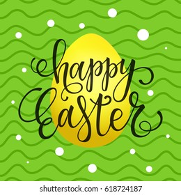 Happy Easter card with an egg and hand drawn waves pattern. 
Realistic 3D egg and Happy Easter lettering. Vector illustration.