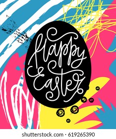 Happy Easter card with an egg on artistic universal background. 
Creative hand drawn texture. Happy Easter lettering. Vector illustration.